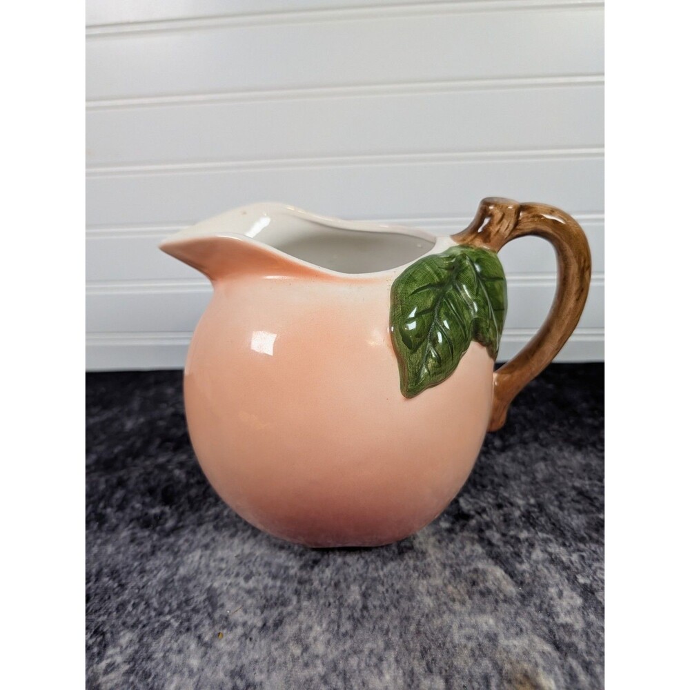 Ceramic Peach Pitcher With Leaves And Stem White Pink Peach Vintage